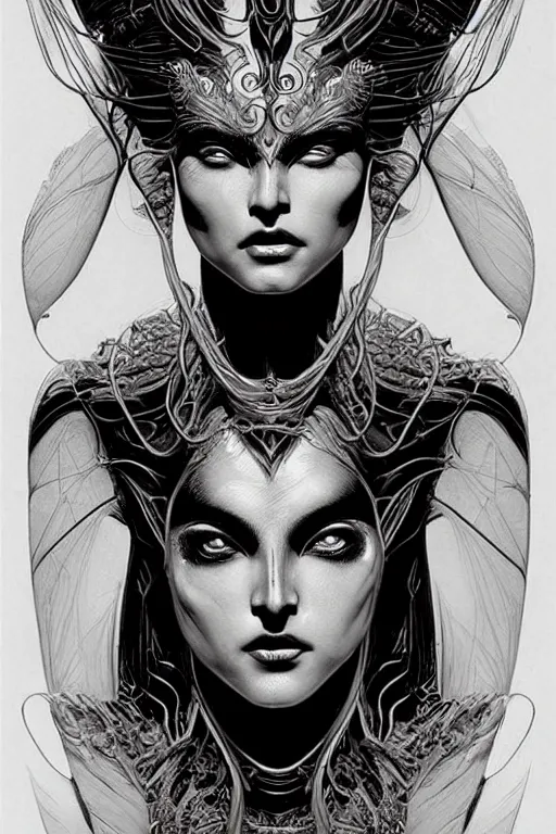 Image similar to a beautiful exotic other-worldly alien queen bust portrait, with confident twinkling eyes, extremely detailed frontal declotage and thick flowing hair, perfectly symmetrical facial features and muscle anatomy, ultradetailed art and illustration, aquiline facial features and primordial beauty, by bill sienkiewicz and chris bachalo and travis charest, fantasy, intricate complexity, asian and native american facial structure, accurate human anatomy mixed with hyper-evolved alien characteristics, sci-fi character concept, mixed media, splatter, bleed, hyperrealism 8k