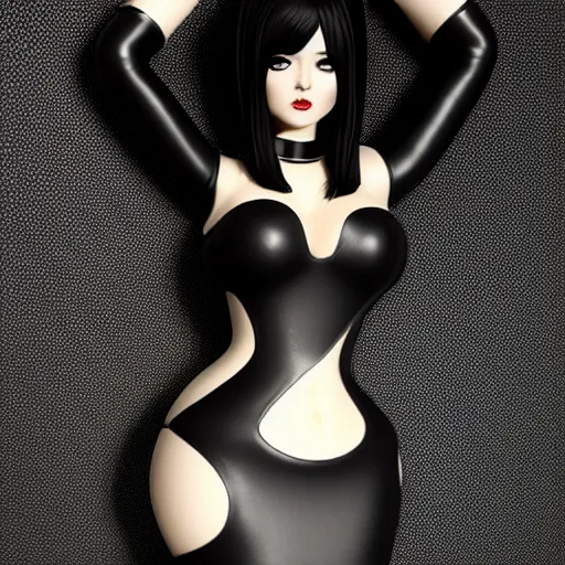 Prompt: a curvy feminine pale goth cutie in an elaborate black latex-leather pleated tube dress, with a thin waist, cgsociety, photorealistic, sublime-comfy-elegant ambience, 16k, smooth, sharp focus, trending on ArtStation, volumetric lighting, fully clothed, worksafe