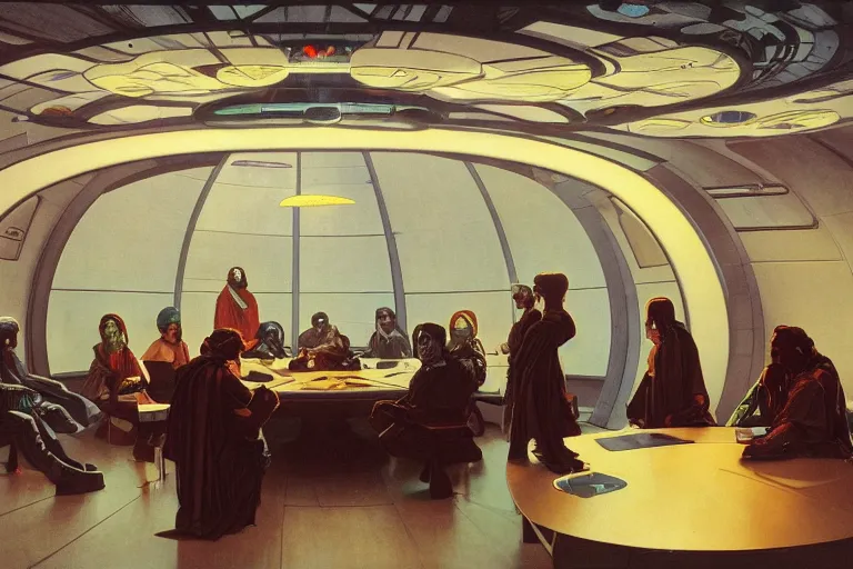 Prompt: front view of a circular meeting room with bright holodesk in the center showing levitating planets of a solar system, dark people discussing, contrasted light, clair obscur, star wars vibe, star treck vibe, by greg rutkowski, by alphonse mucha, by moebius, muted colors