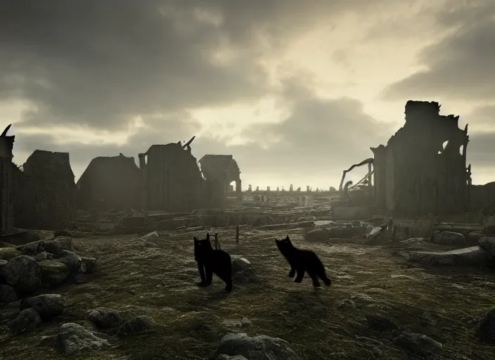 Image similar to a viking riding a giant black cat walks through the ruins of a viking village, horror, dramatic lighting, dawn, by caspar david friedrich, unreal engine 5