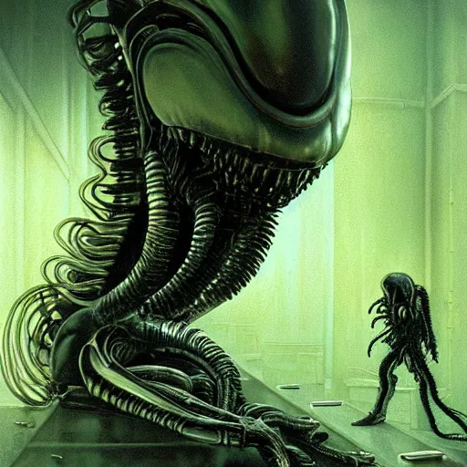 Image similar to black glossy xenomorph, alien movie, backrooms, endless abandoned office cubicles, pale yellow wallpaper, moist brown carpet, dim fluorescent lighting, artstation, ultra detailed, creepy, dramatic lighting, photorealistic, art by h. r. giger and chris foss and beksinski