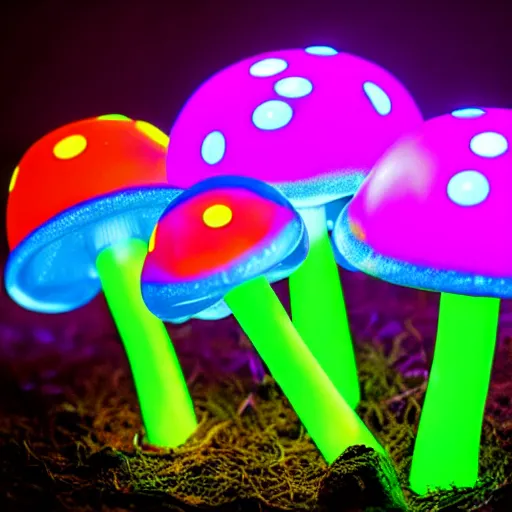 Image similar to glowing neon mushrooms and blue frogs with glowing eggs, hyper realistic