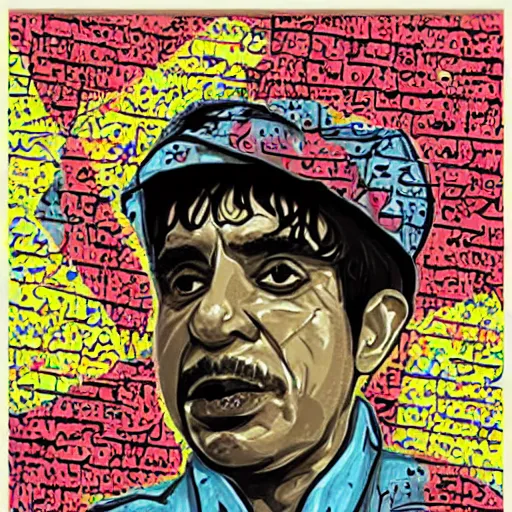 Image similar to omar souleyman in the style of daniel johnston and outsider art, 4k, overlaid with arabic text