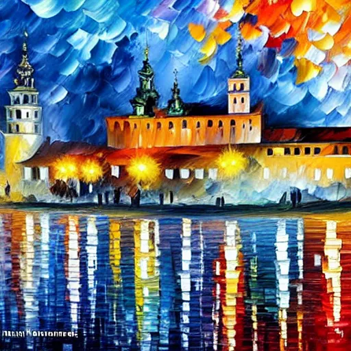 Prompt: leonid afremov painting of wawel castle in cracow