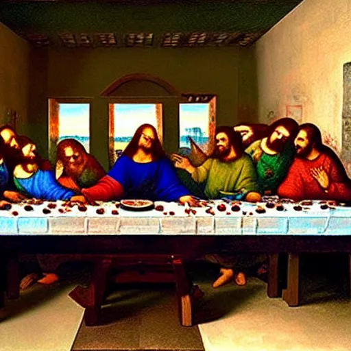 Prompt: a splay-paint graffiti art of The Last Supper by Da Vinci