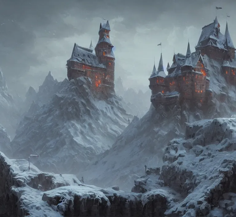 Image similar to a painting of a castle in the middle of a snowy mountain, a detailed matte painting by andreas rocha and greg rutkowski, featured on artstation, fantasy art, matte drawing, matte painting, artstation hq