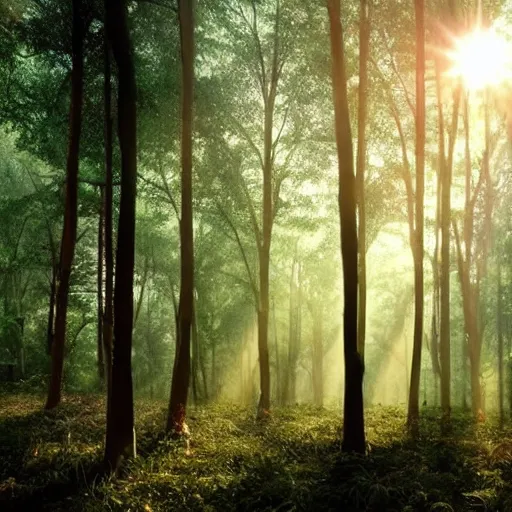 Image similar to eerie forest overgrown with mushrooms with sun rays peeking through the trees