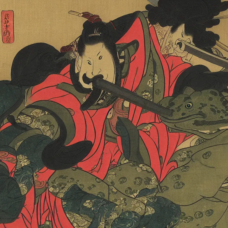 Prompt: Beautiful Intensely lit realistic scene of a samurai battling a frog spirit, beautiful oil painting in the style of Kuniyoshi and Sharaku, trending on artstation dramatic lighting realism ukiyo-e