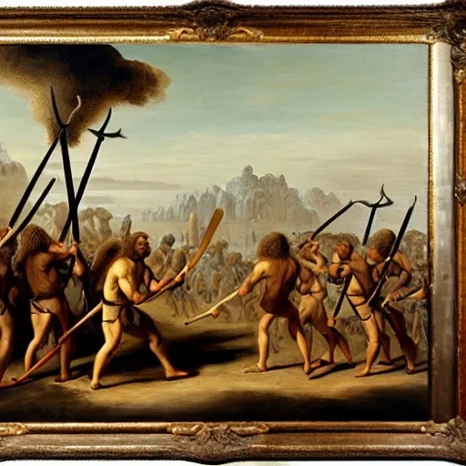 Prompt: A painting of serval cavemen with spears fighting a dinosaur, coarse canvas, visible brushstrokes, painting by Jan van Goyen