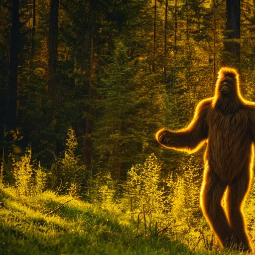 Prompt: photo of a Bigfoot in the forest, 50mm, golden hour, beautiful photo