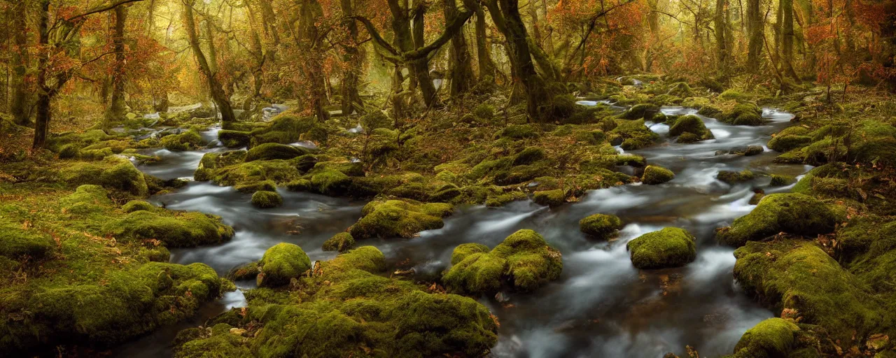 Prompt: wide - angle shot of forest stream in autmn, depth of field, zeiss lens, detailed, symmetrical, centered, by nicoletta ceccoli, mark ryden, lostfish, earl nore, hyung tae, frank frazetta, breathtaking, 8 k resolution beautiful artistic, hyperrealistic, octane render