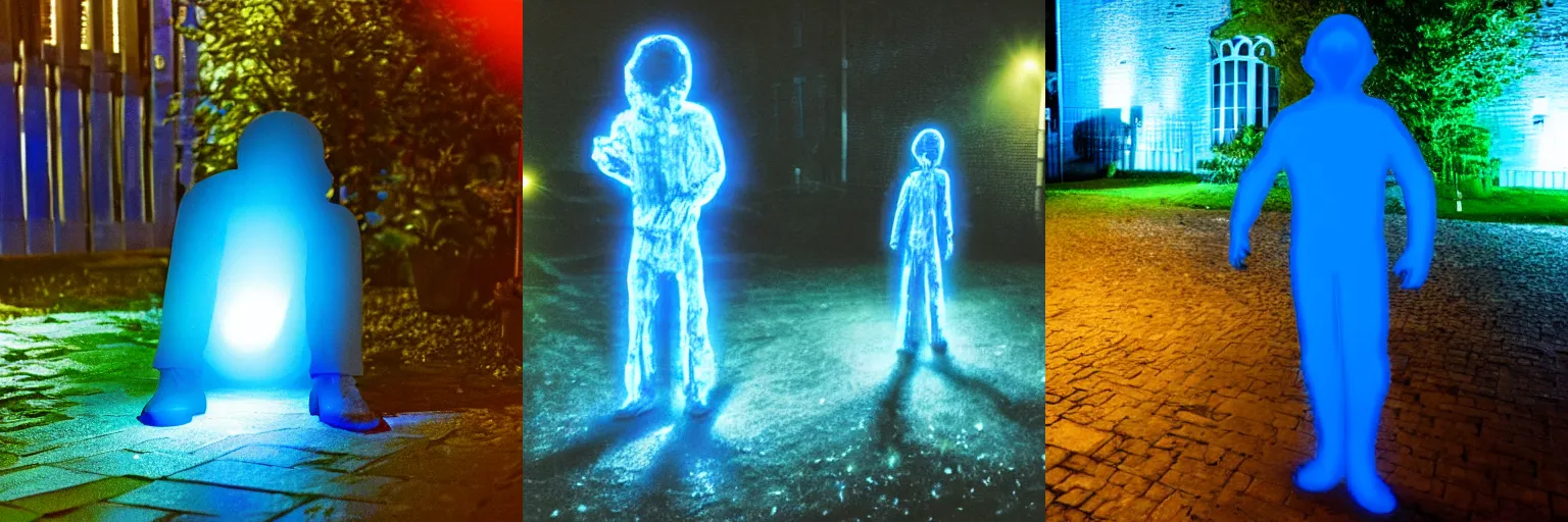 Prompt: a single blindingly bright glowing blue ghostlike human figure stands in english manchester back yard at night, illuminates surrounds with bright blue light, wet, bins, flagstones, weeds, polaroid photo style, realistic, detailed