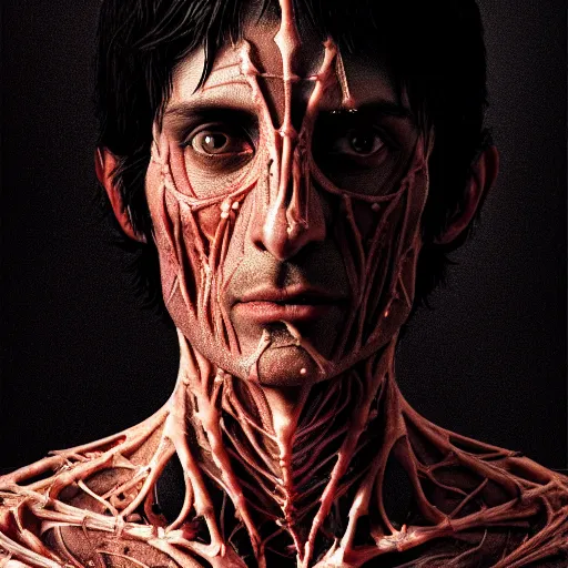 Prompt: The prince of Persia with translucent skin, visible muscles and veins and arteries and bones and spine and nerves, beautiful detailed intricate insanely detailed octane render, 8K artistic photography, photorealistic, chiaroscuro, by David Cronenberg, Raphael, Caravaggio