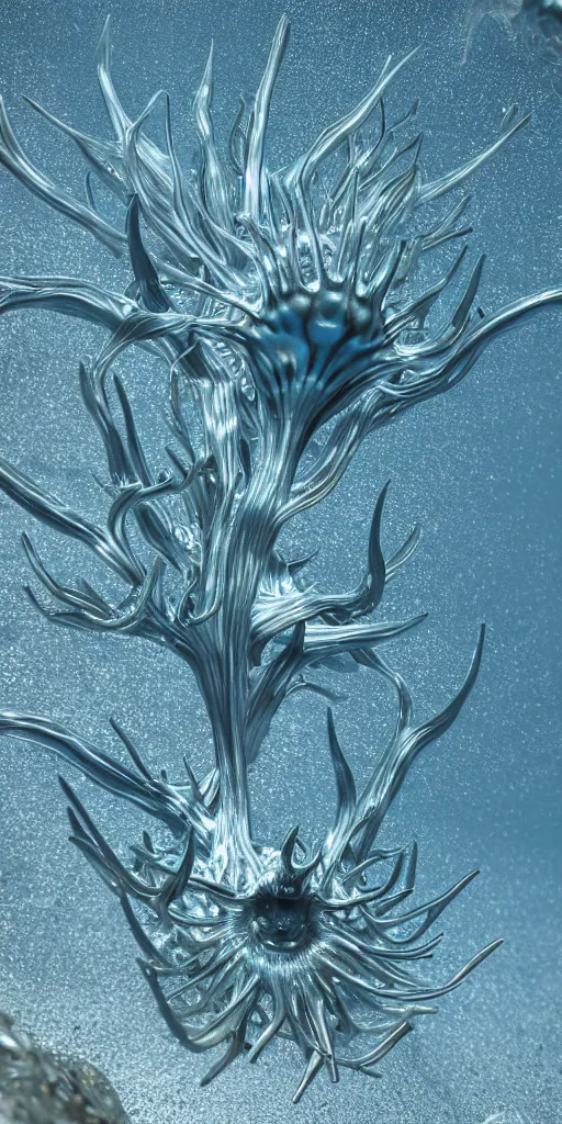 Image similar to a photorealistic render of a 3 d glaucus atlanticus, made of liquid metal and marble, c 4 d, by ernst haeckel, hyper realistic, plain background, 8 k, volumetric lightning, octane render