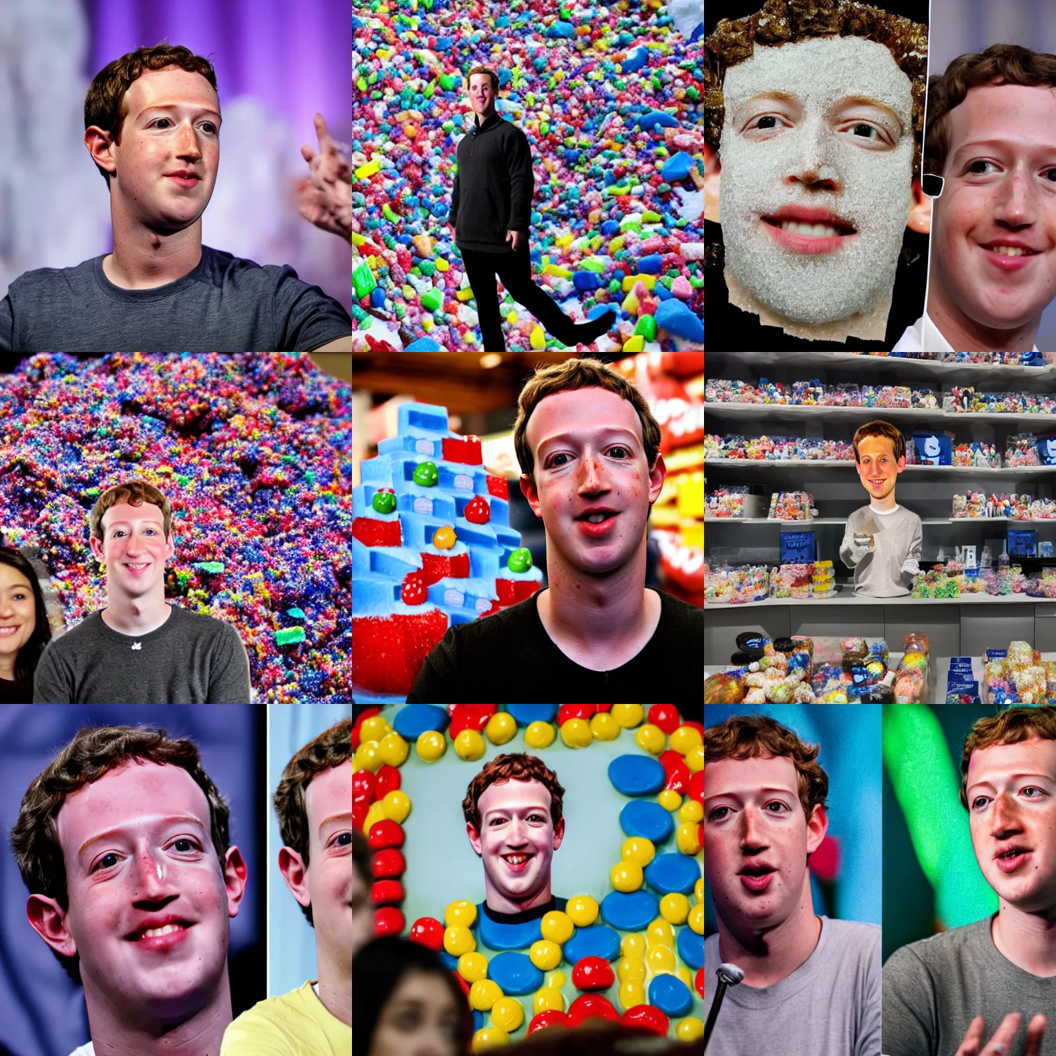 Prompt: a sugar mountain with the face of mark zuckerberg