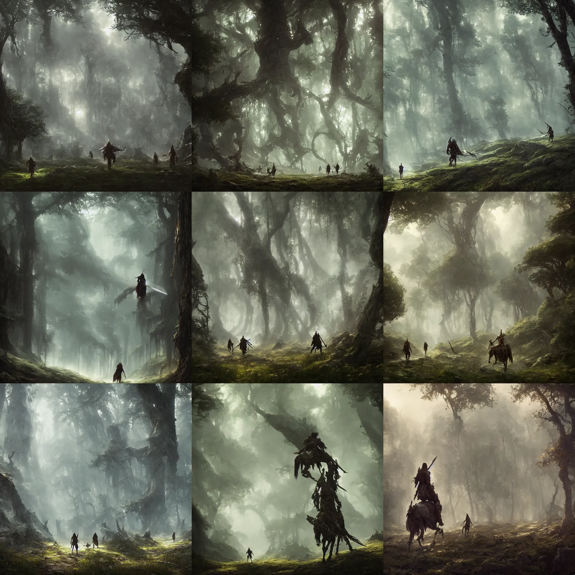 Prompt: a beautiful epic cinematic digital wallpaper of a fantasy forest where a knight with a greatsword on his back is walking, artwork by greg rutkowski, trending on artstation