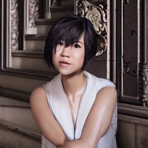 Image similar to like dust, magic gathers in overlooked places, photorealistic portrait of yuja wang. absolutely stunning!, sitting on the stairs to a palace, beautiful omnipotent goddess, symmetrical perfect face, porcelain skin, ultra - detailed, digital art, unreal engine 5, 8 k