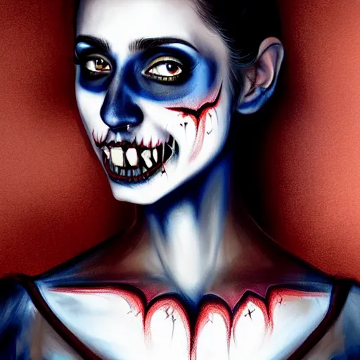 Prompt: gorgeous female Stella Maeve vampire sharp teeth open mouth skull face paint in a Mexican dress, realistic character concept, medium shot, elegant pose, horror, illustration, slender symmetrical face and body, symmetrical eyes, cinematic lighting, hyperdetailed, high resolution, Tom Bagshaw, Rafael Albuquerque, single face, insanely detailed and intricate, beautiful, elegant, dark blue background, vfx, postprocessing