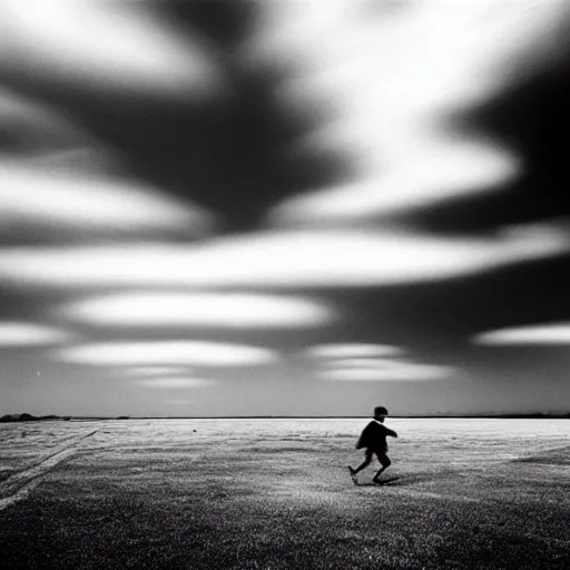 Prompt: Running man and the clouds by Trent Parke, clean, detailed, Magnum photos