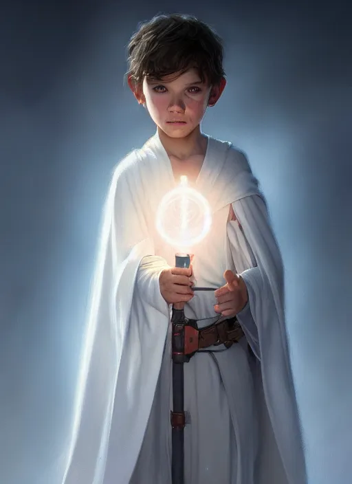 Image similar to perfectly - centered - portrait of a kid wearing white cloak holding light saber, intricate, highly detailed, digital painting, artstation, concept art, smooth, sharp focus, illustration, unreal engine 5, 8 k, art by artgerm and greg rutkowski and alphonse mucha