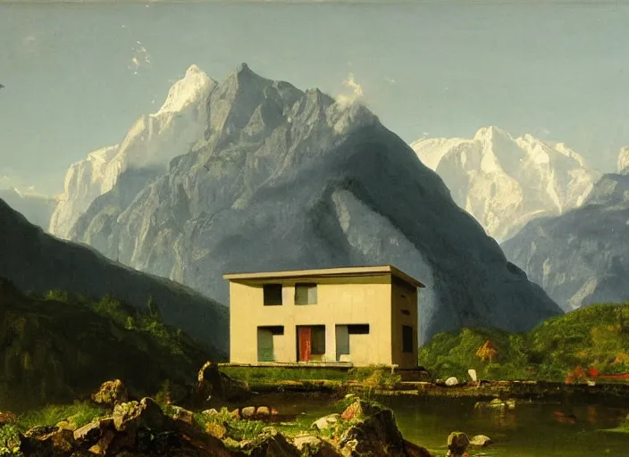 Image similar to painting of a corbusier house in in front of beautiful mountains by thomas cole