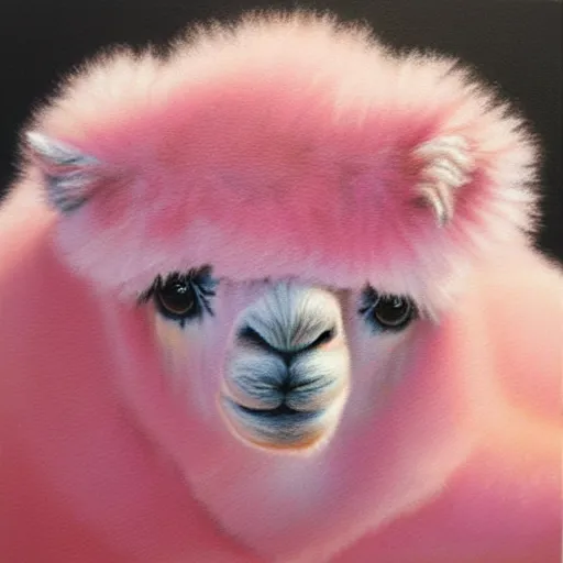 Image similar to fluffy pink alpaca, hyperrealism oil painting