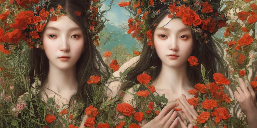 Prompt: breathtaking detailed concept art painting of the goddess of poppy flower, orthodox saint, with anxious, piercing eyes, ornate background, amalgamation of leaves and flowers, by hsiao - ron cheng and john james audubon and miho hirano, extremely moody lighting, 8 k