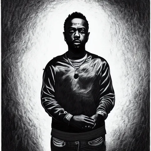 Image similar to kendrick lamar, portrait, by dan hillier