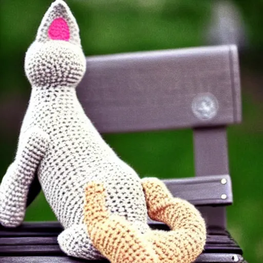 Prompt: A crocheted cat on a park bench, handmade, natural lighting, photography style, extremely detailed, trending on Pinterest