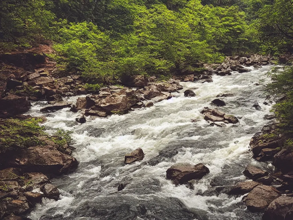 Prompt: “a river running through a canyon surrounded by mountains, a tilt shift photo by Frederic Church, trending on unsplash, hudson river school, photo taken with provia, national geographic photo, tilt shift”