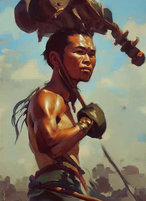 Image similar to greg manchess side portrait of a filipino fighter with a staff standing on a tank, organic painting, sunny day, matte painting, bold shapes, hard edges, street art, trending on artstation, by huang guangjian, gil elvgren, ruan jia, randy vargas, greg rutkowski