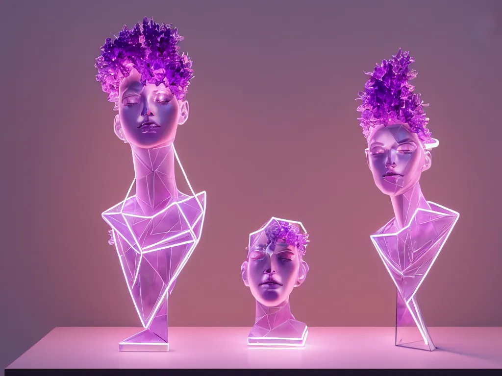 Image similar to beautiful mannequin sculpted out of amethyst by billelis + lit with geometric neon + iridescent geometric cubed bonsai plants!!!!, doorway opening with neon pink geometric light, clean linework, dramatic, finely detailed, rule of thirds, moody, award winning, 4 k, trending on artstation, photorealistic, volumetric lighting, octane render