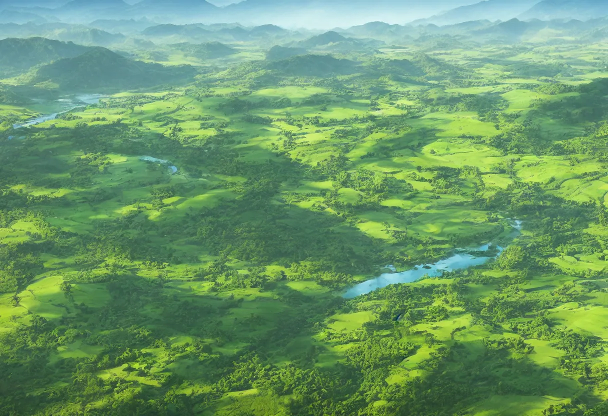 Prompt: the emerald grassland and rivers from a half bird, s - eye view is sunny and lush, with mountains in the distance, by hiroshi yoshida and greg rutkowskicuilang plain, 4 k, artstation