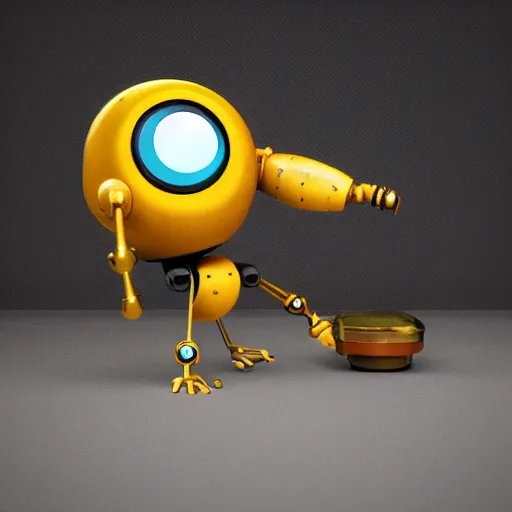 Image similar to a small chubby bot, colourful, smooth panelling, one large gold eye intricate detail, style of pokemon, with damaged rusty arms, broken antenna, recycled, floating, white studio, oil, mechanical, cute toy, ambient light, in the style of pixar animation, pokedstudios, blender, octane render, 8 k,