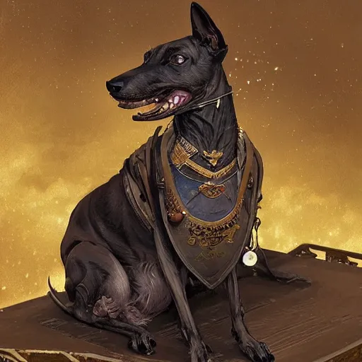 Prompt: an old dark brindle greyhound is sitting on a conveyor belt at the glue factory, d & d, fantasy, intricate, elegant, highly detailed, digital painting, artstation, concept art, matte, sharp focus, illustration, hearthstone, art by artgerm and greg rutkowski and alphonse mucha