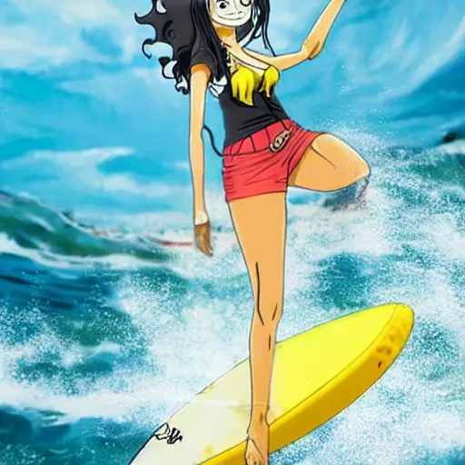 Prompt: Nami from one piece surfing