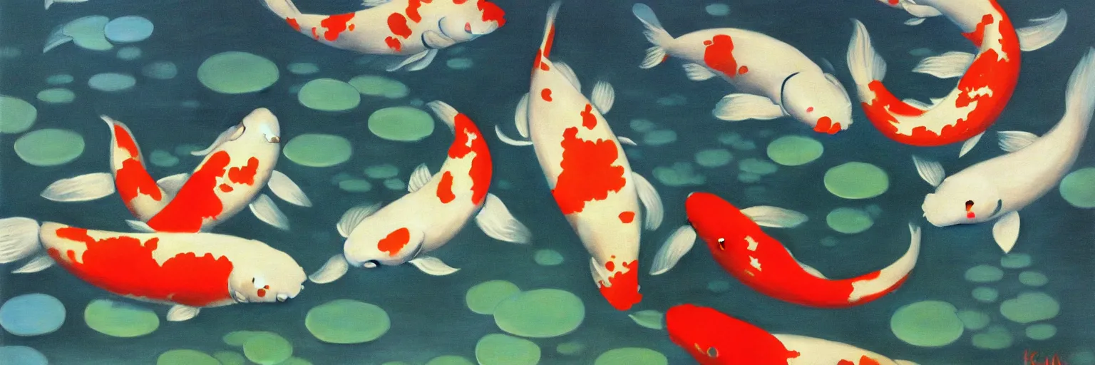 Prompt: koi pond oil painting magritte