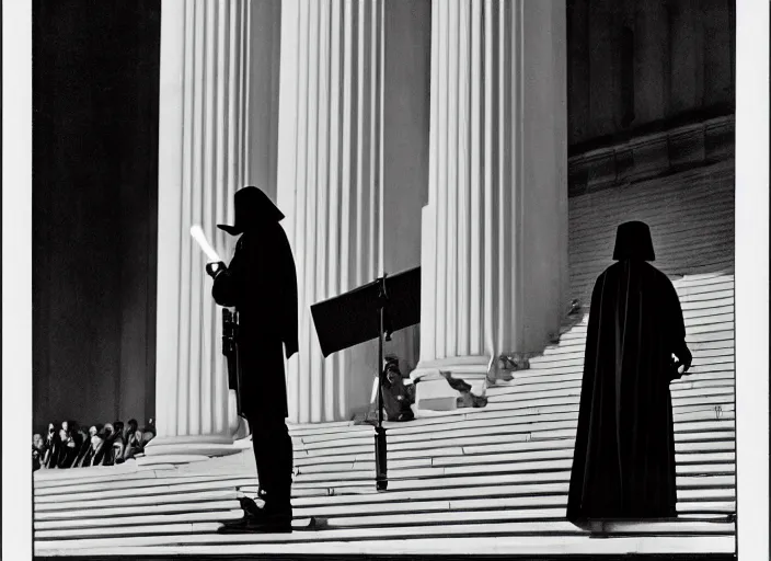 Image similar to death gives inaugural address on the steps of the capitol, 3 5 mm photography, highly detailed, cinematic lighting, standing pose, fully body shot, holding lightsaber 4 k