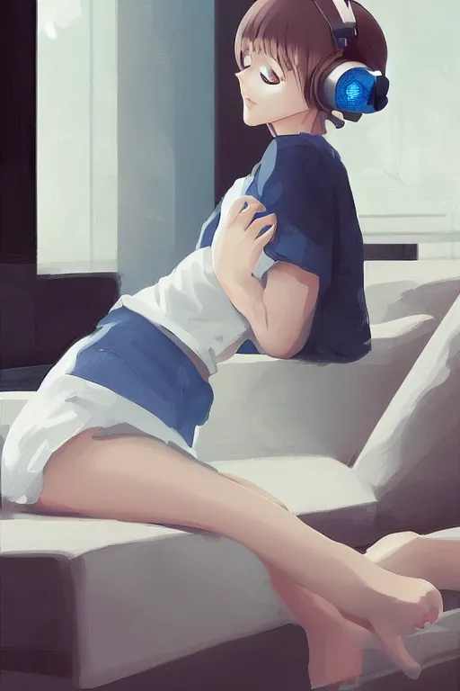 Prompt: a cute young woman sitting on a couch while listening to music with her eyes closed and wearing headphones by Ilya Kuvshinov and Range Murata, white bob cut hair, blue filter, blue and white, soft lighting, atmospheric, cinematic atmosphere, moody, Krenz Cushart, digital painting, 8k