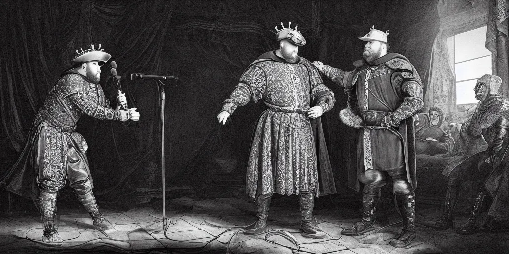 Prompt: rap battle microphone between a modern man and henry viii, grime, realistic 4 k octane beautifully detailed render, 4 k post - processing, highly detailed, intricate complexity, epic composition, magical atmosphere, cinematic lighting, masterpiece, ultra hd