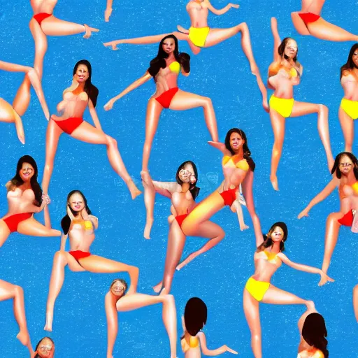 Image similar to wallpaper seamless pattern of beautiful women in bikini in various poses, realistic photo, blue background