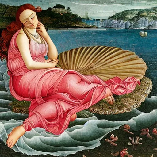 Image similar to an ultradetailed mythological oil painting of a beautiful woman with long brown hair, full body, wearing pink floral chiton, sleeping on a giant scallop shell, near the seashore, intricate lines, elegant, renaissance style, by sandro botticelli