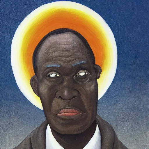 Image similar to a painting of a loving, caring fatherly wide forehead, aquiline nose, round face, XXL , generous, ever-present, humble, wise elder from Kenya in a silver suit and red tie by Kara Walker . Fatherly/daddy, focused, loving, leader, relaxed. Gold background, heavenly lights, details, smooth, sharp focus, illustration, realistic, cinematic, artstation, award winning, rgb , unreal engine, octane render, cinematic light, macro, depth of field, blur, light and clouds, highly detailed epic cinematic concept art CG render made in Maya, Blender and Photoshop, octane render, excellent composition, dynamic dramatic cinematic lighting, aesthetic, very inspirational, arthouse.