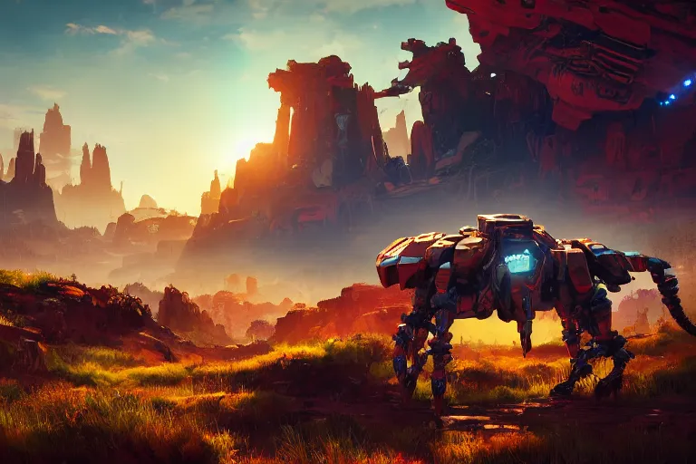 Image similar to scorcher machine mecanical creature robot of horizon forbidden west horizon zero dawn radiating a glowing aura global illumination ray tracing hdr fanart arstation by ian pesty and alena aenami artworks in 4 k