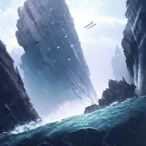 Prompt: A ship falling off the infinitely wide waterfalls at the edge of the world, fantasy art by Greg Rutkowski