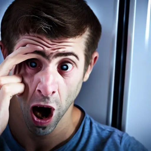 Image similar to A photo of a scared man in front of a computer, realistic, stock photo