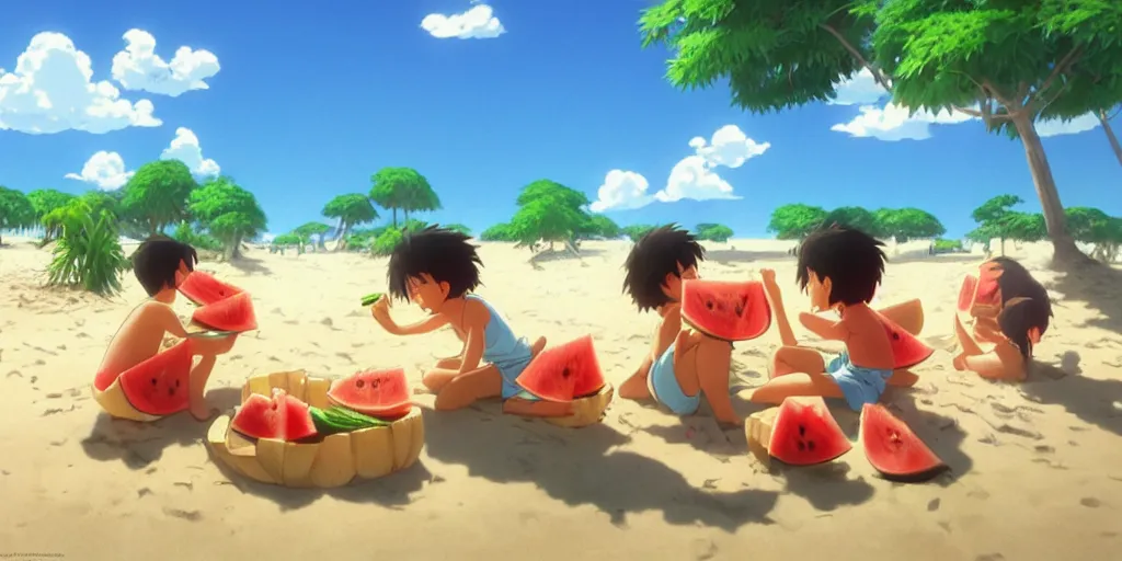 Prompt: a wholesome animation key shot of kids eating watermelon and popcorn at a tropical beach, medium shot, waist up, studio Ghibli, Pixar and Disney animation, sharp, very detailed, high resolution, Rendered in Unreal Engine 5, anime key art by Greg Rutkowski, Bloom, dramatic lighting