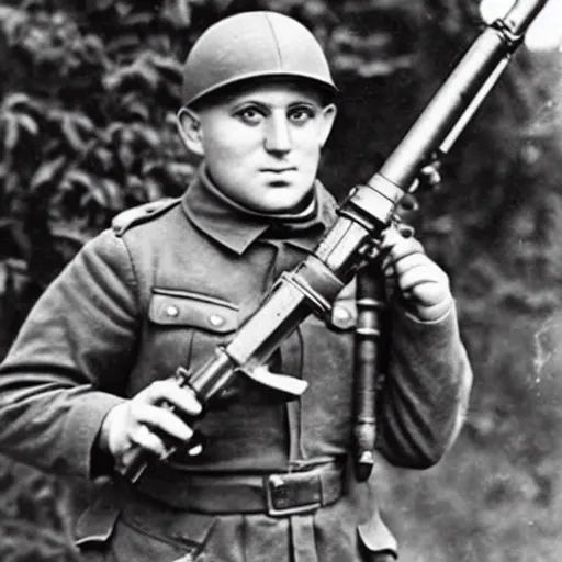 Image similar to old wartime photograph of a despicable me minion holding a lewis gun, 1 9 1 7