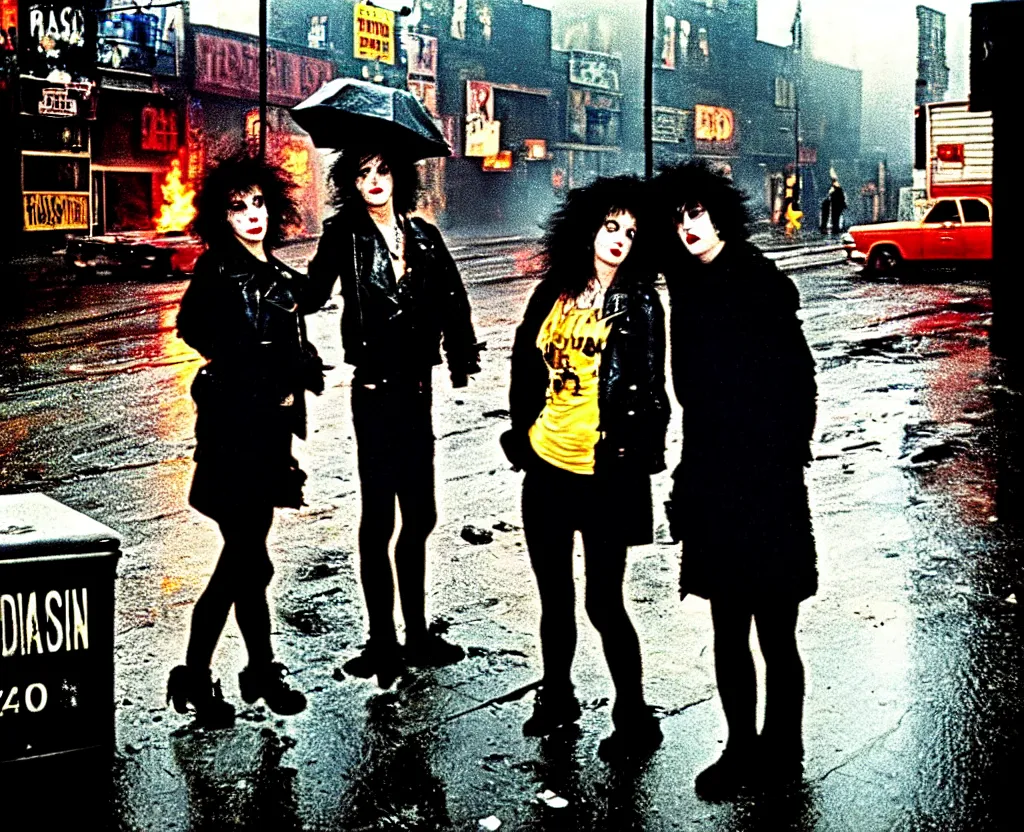 Prompt: flash photo of Sid and Nancy on the lower east side a dumpster fire in the background by Nan Goldin, raining!!!, nightime, colorful, street photography, 1970s, photorealistic, nighttime, rain, atmospheric,
