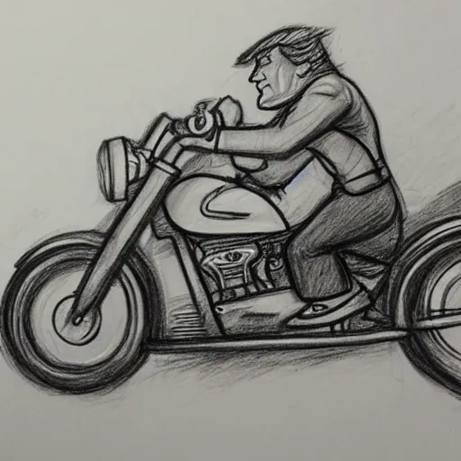 Prompt: pencil sketch of Donald Trump riding a motorcycle